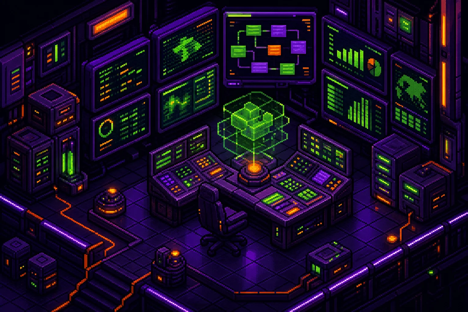 Pixel art representation of a centralized operations command center.