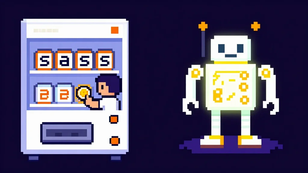 Pixel art comparison of buying SaaS versus building custom tools.