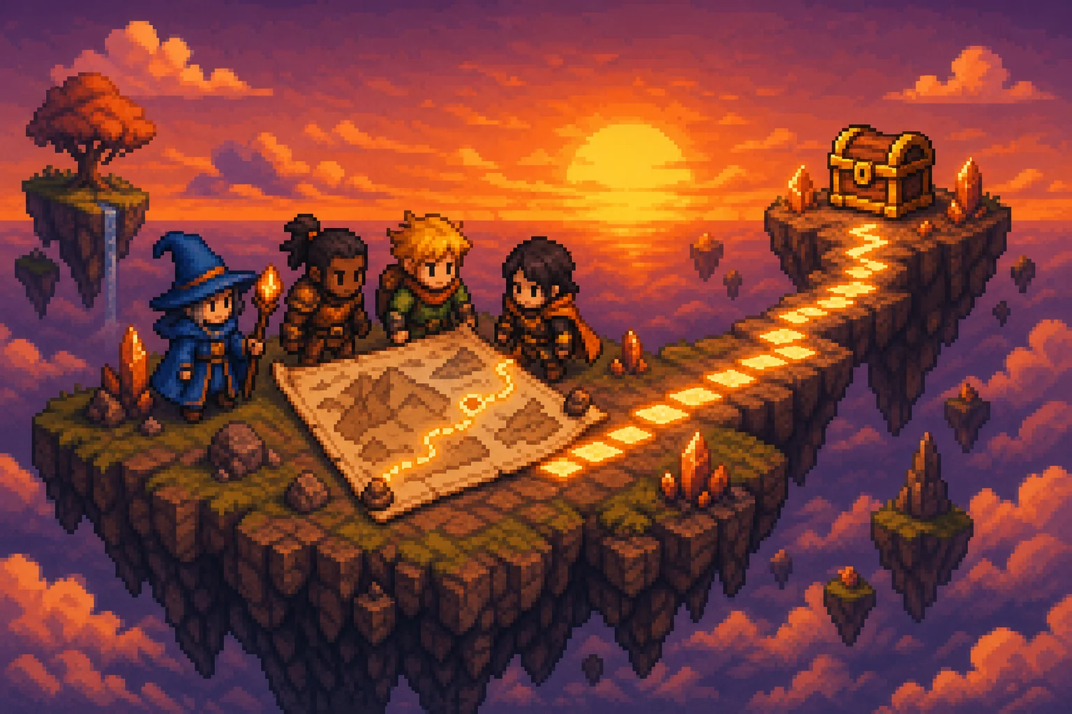 Pixel art team planning a strategic path to success.