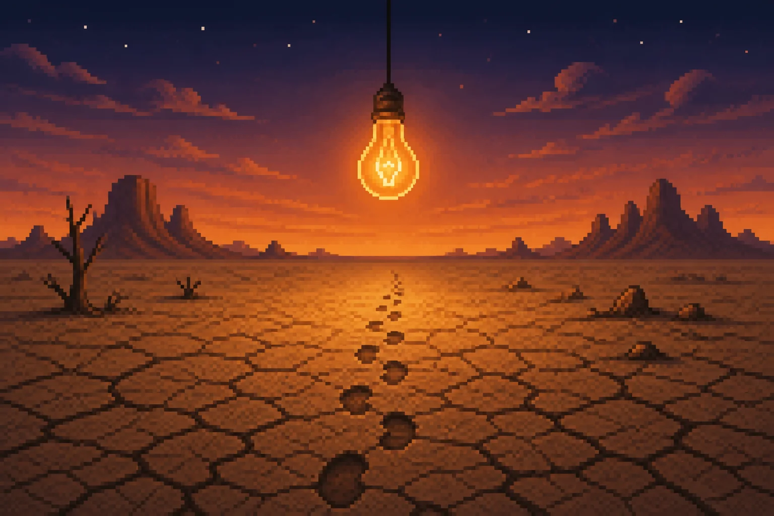 Pixel-art scene of a lightbulb in a desert with footprints, symbolizing startup idea validation