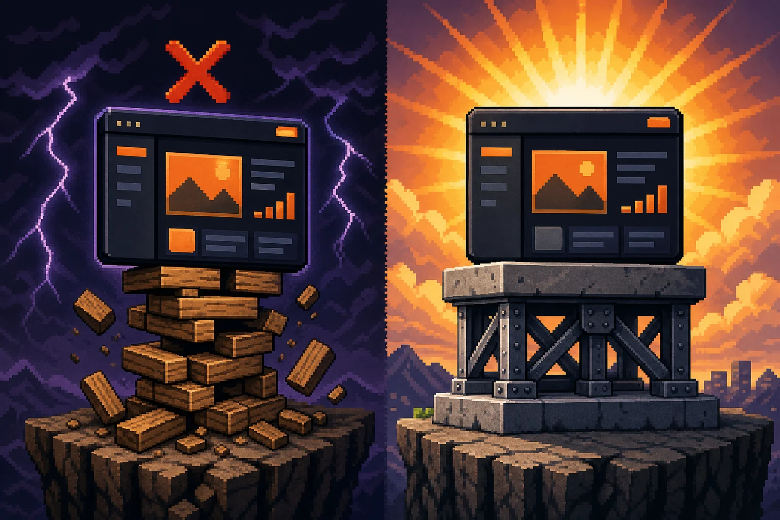 Pixel-art comparison of no-code vs custom code foundations for startup apps