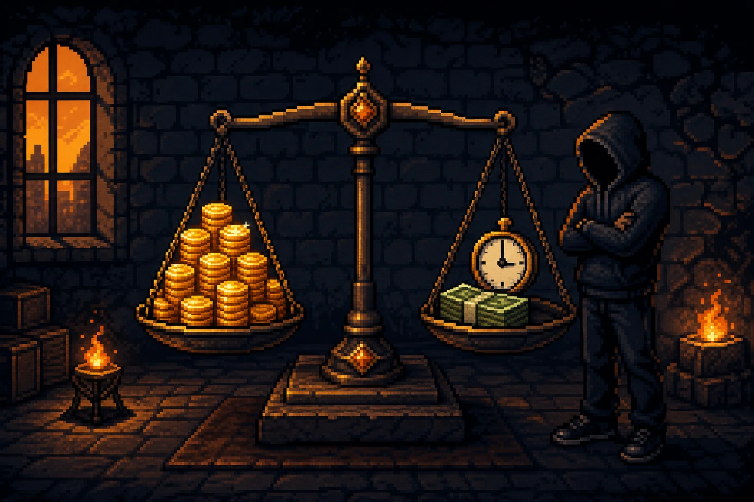 Pixel-art balance scale weighing equity against time and money for startup funding