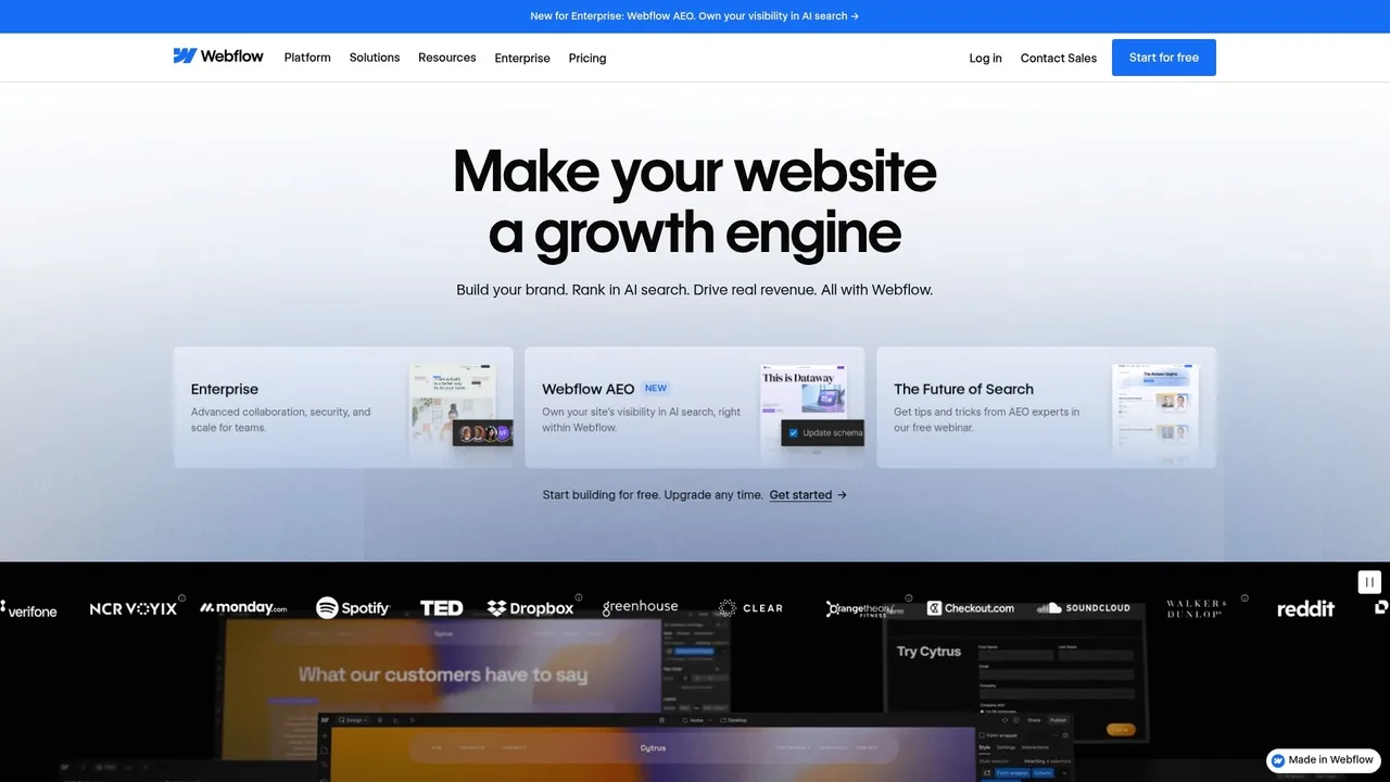 Webflow dashboard showing a drag-and-drop landing page editor with form fields and CTA buttons
