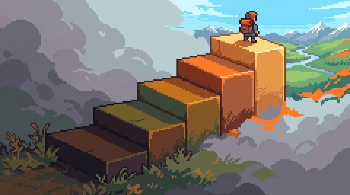 Pixel-art illustration of six ascending steps representing the validation framework progression