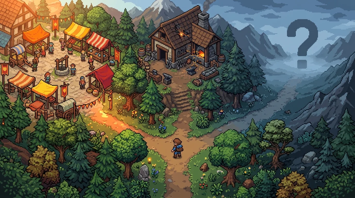 Pixel-art illustration of three diverging paths representing different startup idea discovery pathways