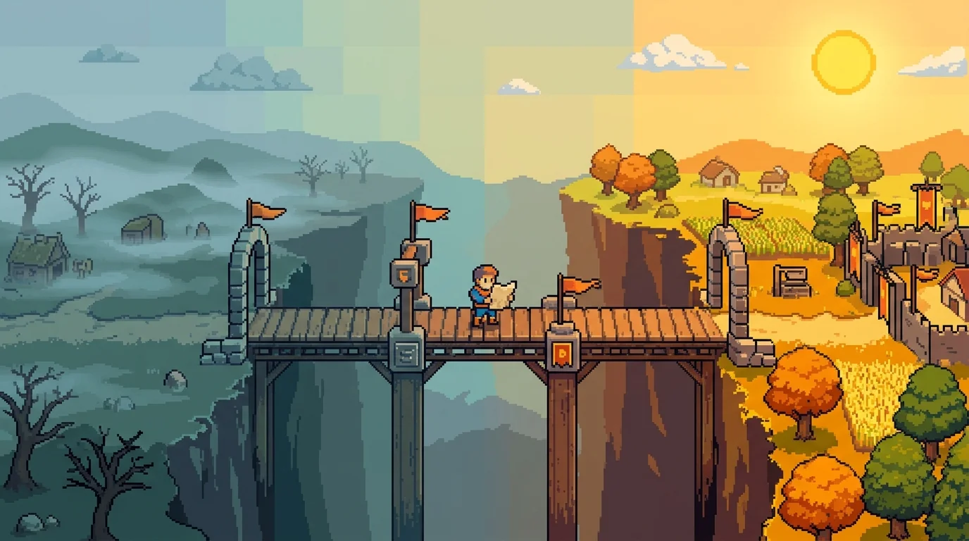 Pixel-art illustration of the bridge from validation to development with checkpoints