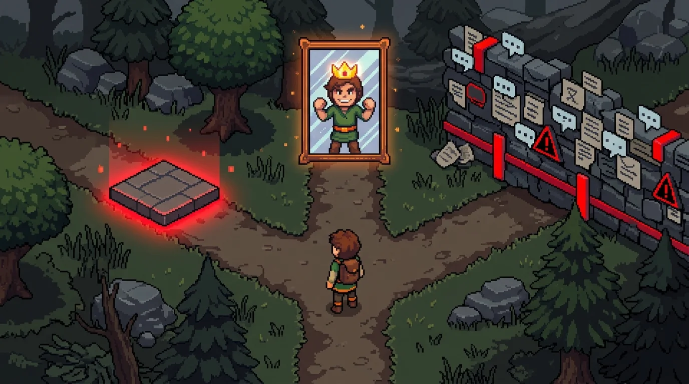 Pixel-art illustration of validation traps and pitfalls founders encounter