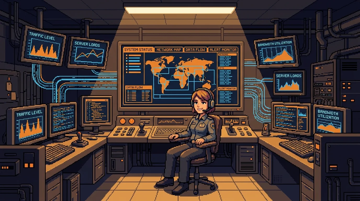 Pixel-art illustration of a centralized operations control room with real-time data visualization