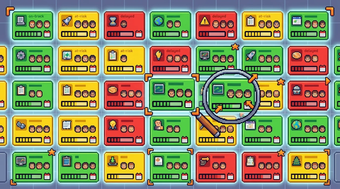 Pixel-art operations dashboard showing project status grid with color-coded risk indicators