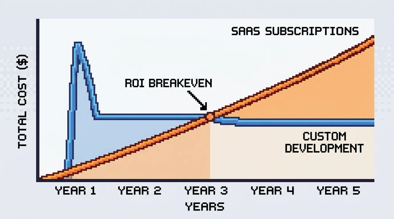 Pixel-art cost comparison showing custom development ROI breakeven point versus SaaS subscriptions