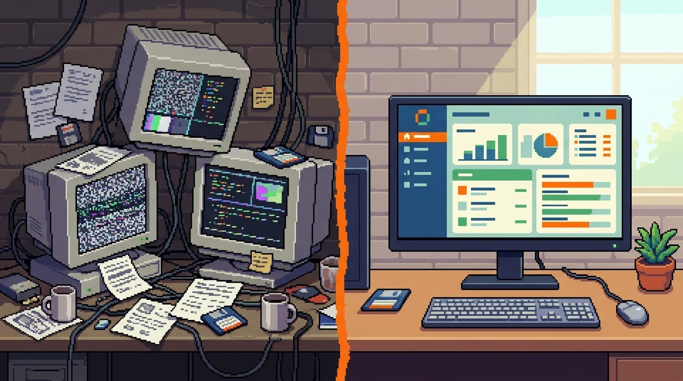 Pixel-art before-and-after showing workflow transformation from fragmented tools to unified dashboard