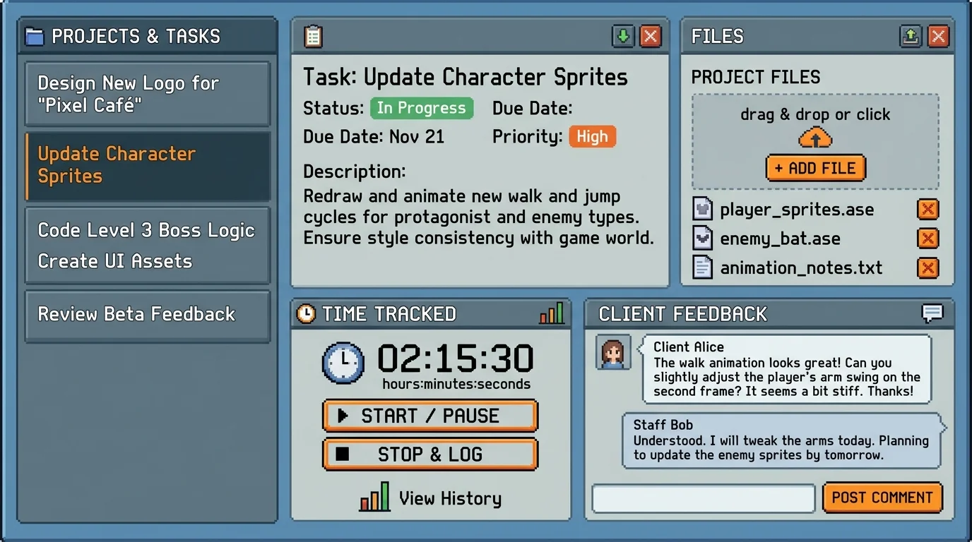 Pixel-art staff portal interface showing task management and time tracking