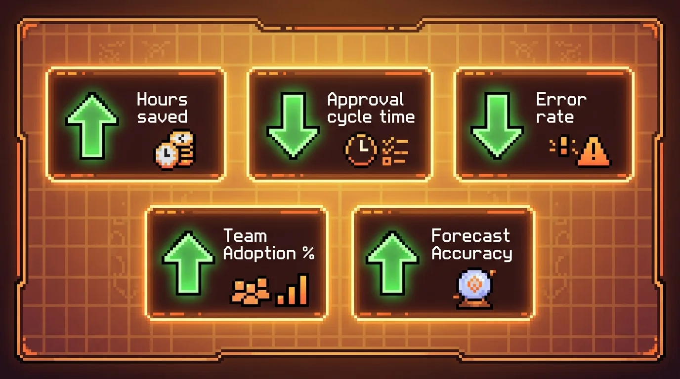 Pixel-art success metrics dashboard showing ROI indicators
