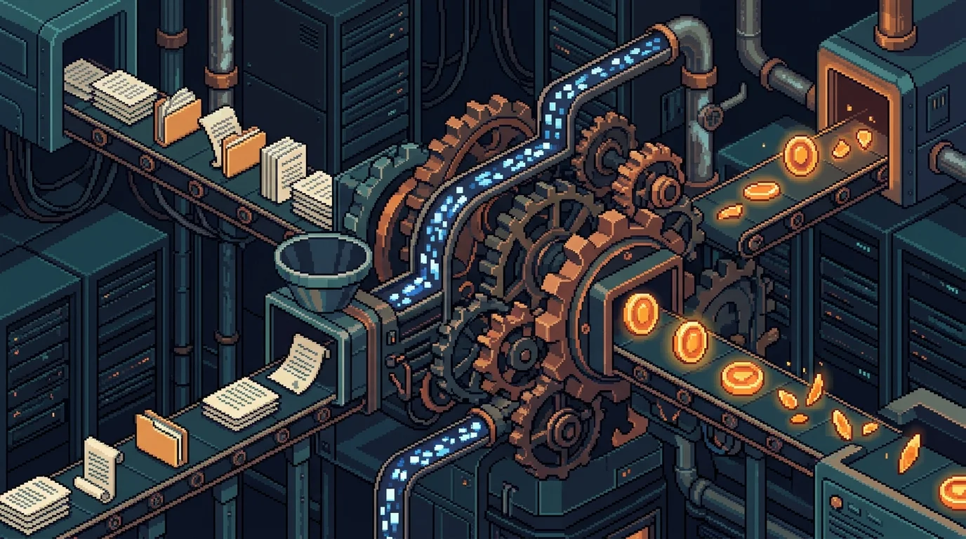 Pixel-art visualization of document Q&A system architecture with interconnected components