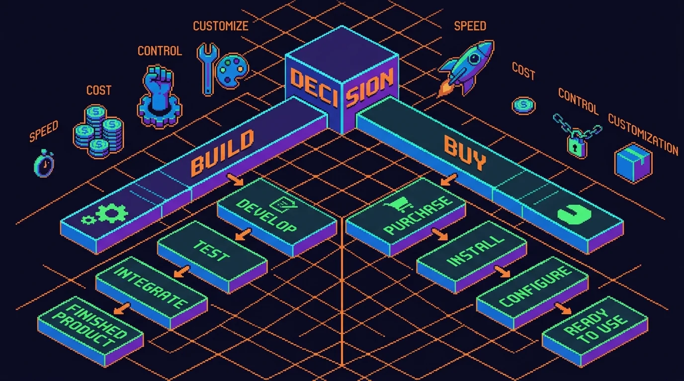 Pixel-art visualization of build versus buy decision factors for document Q&A systems