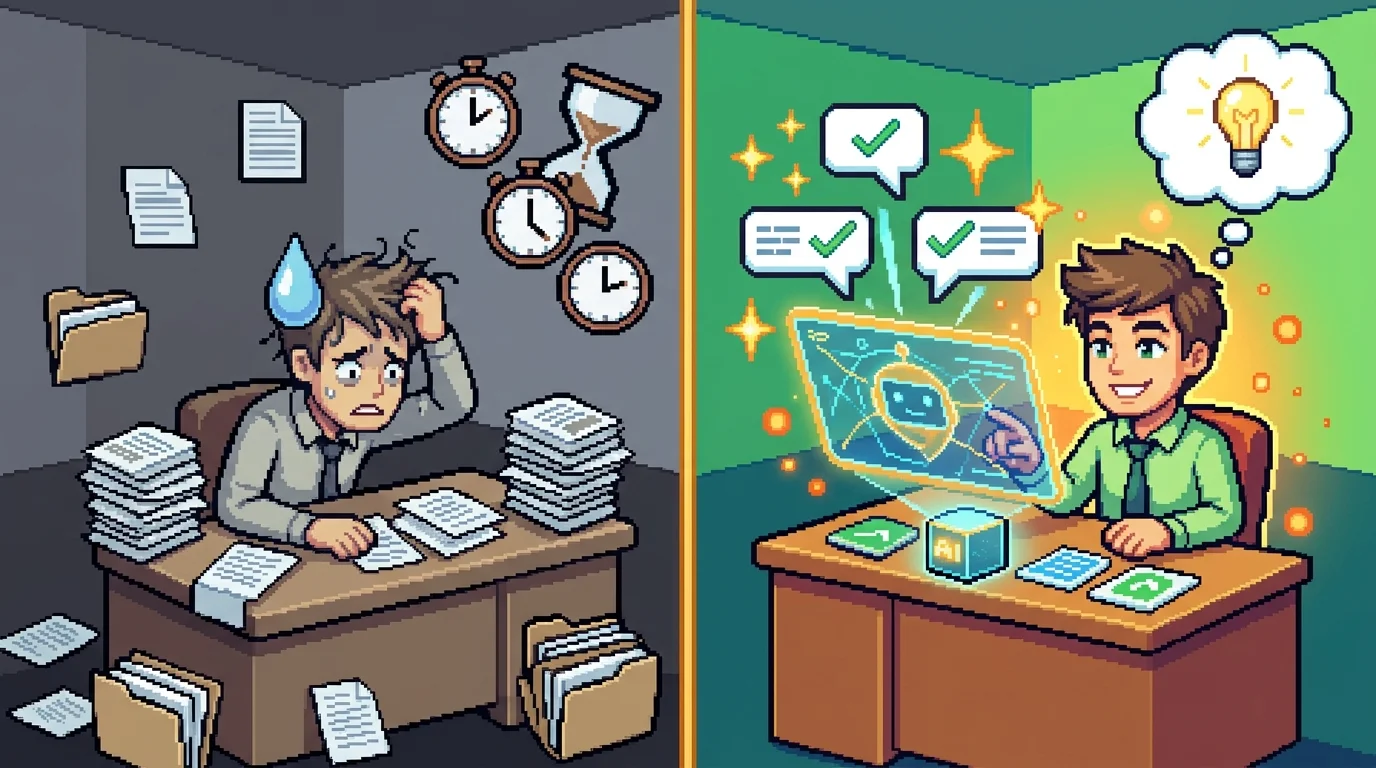 Before and after pixel-art comparison of document Q&A impact on productivity