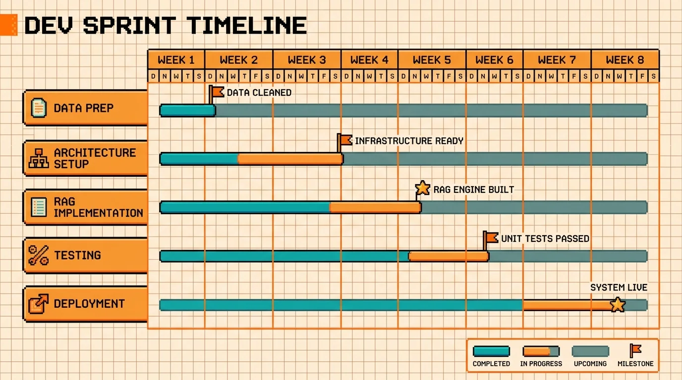 Pixel-art timeline showing typical document Q&A MVP development phases and duration