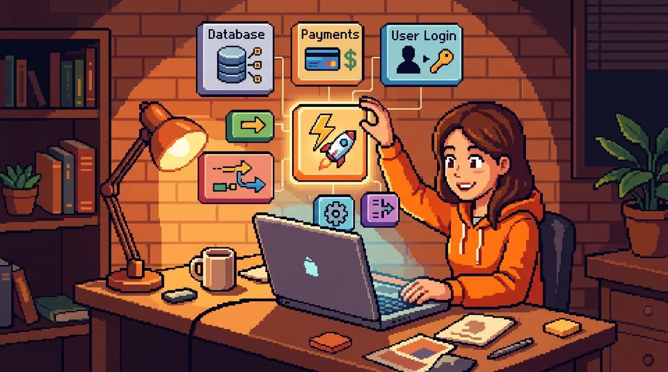 Pixel-art illustration of a non-technical founder building an app using visual no-code blocks and components