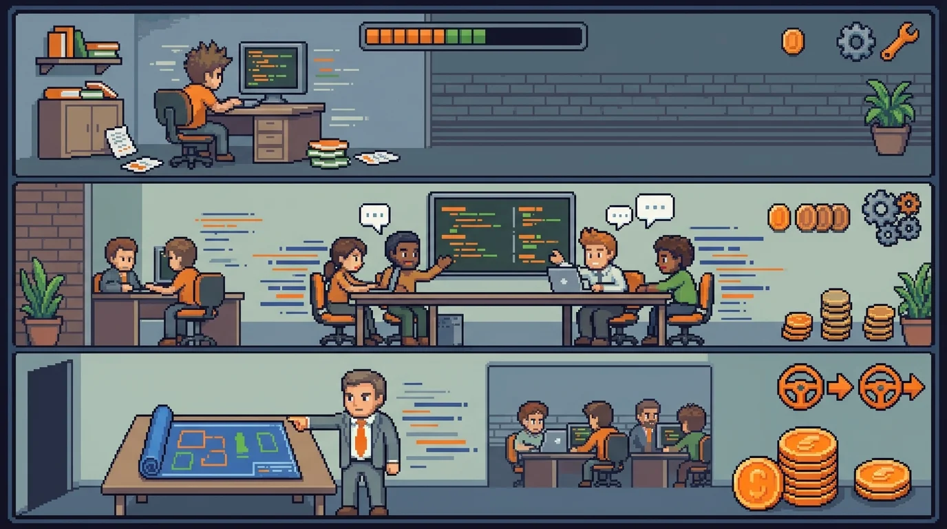 Pixel-art illustration comparing three technical paths: freelancer, agency, and fractional CTO approaches