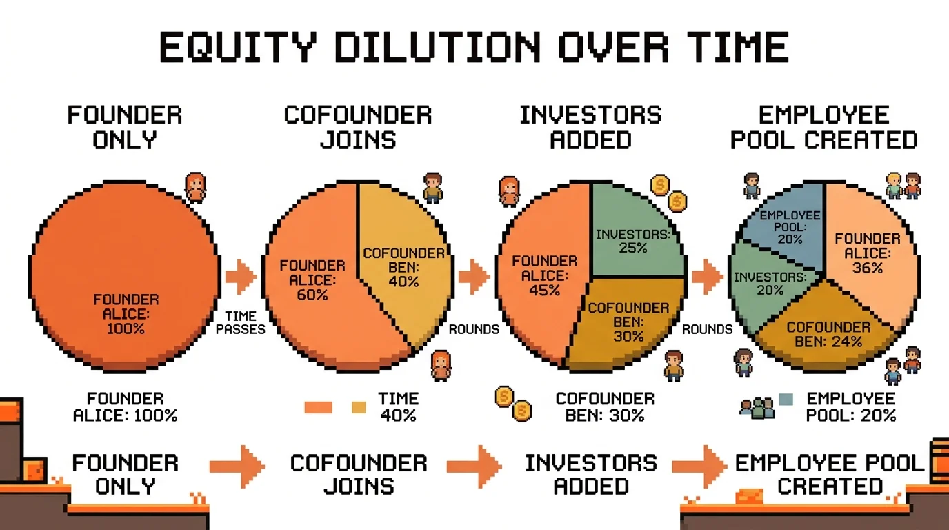 Pixel-art visualization of equity dilution showing how a founder's ownership stake shrinks with each cofounder and investor addition