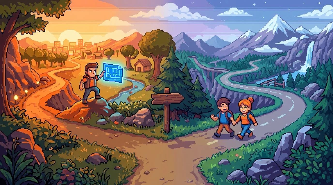 Pixel-art illustration of two diverging paths representing the choice between launching a SaaS without a technical cofounder versus partnering with one