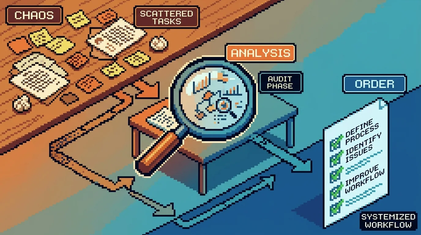 Pixel-art visualization of workflow audit and assessment process for portal implementation