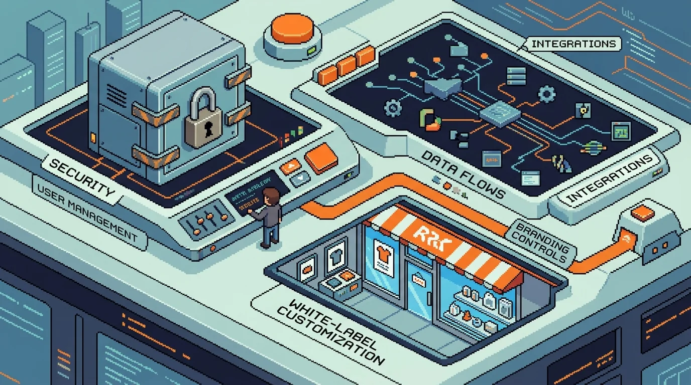 Pixel-art breakdown of essential client portal features and their interconnections