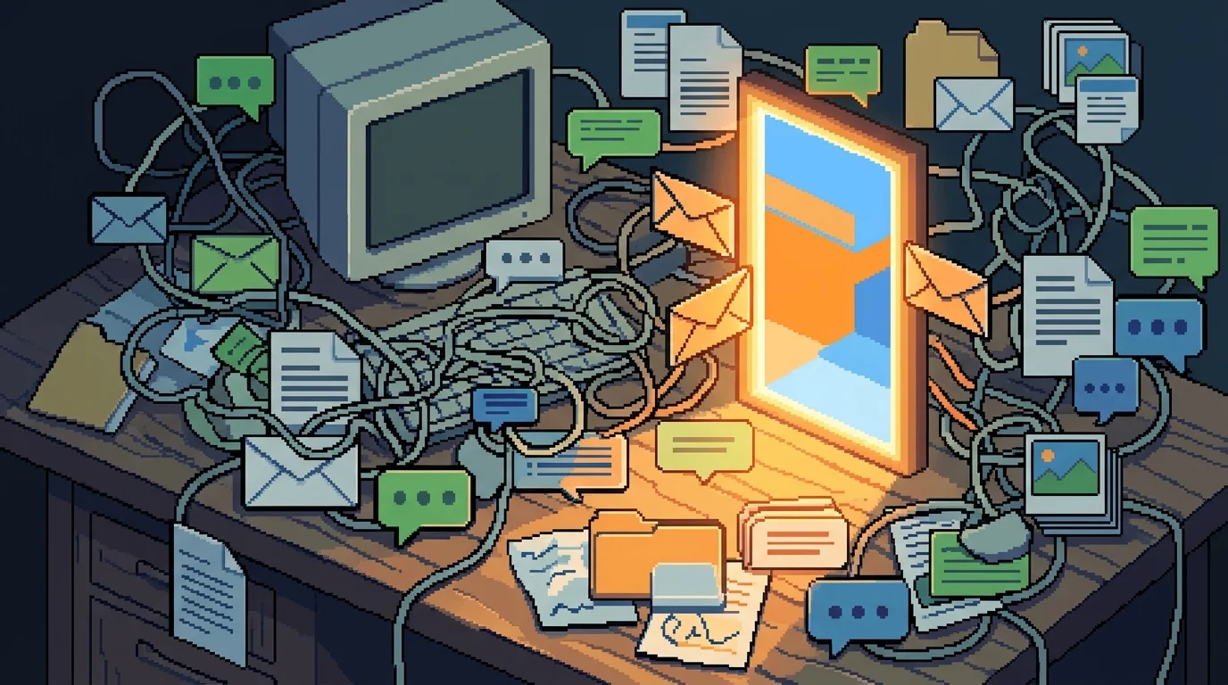 Pixel-art visualization of communication chaos being resolved by a centralized portal