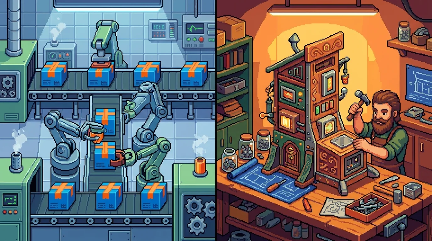 Pixel-art visual comparison of off-the-shelf versus custom portal development approaches