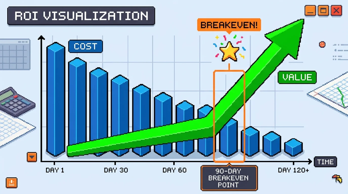 Pixel-art ROI timeline showing portal cost recovery within 90 days