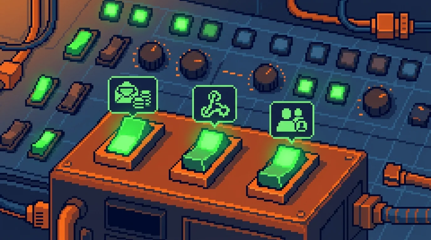 Pixel-art control panel showing essential Stripe features highlighted in green