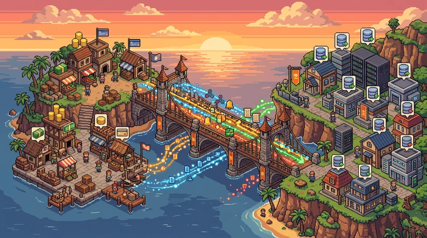 Pixel-art bridge showing data flow between Stripe and your application