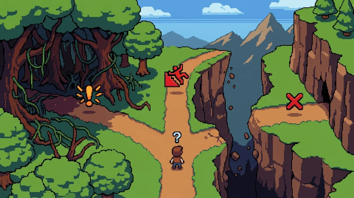 Pixel-art illustration of common SaaS pitfalls as diverging paths