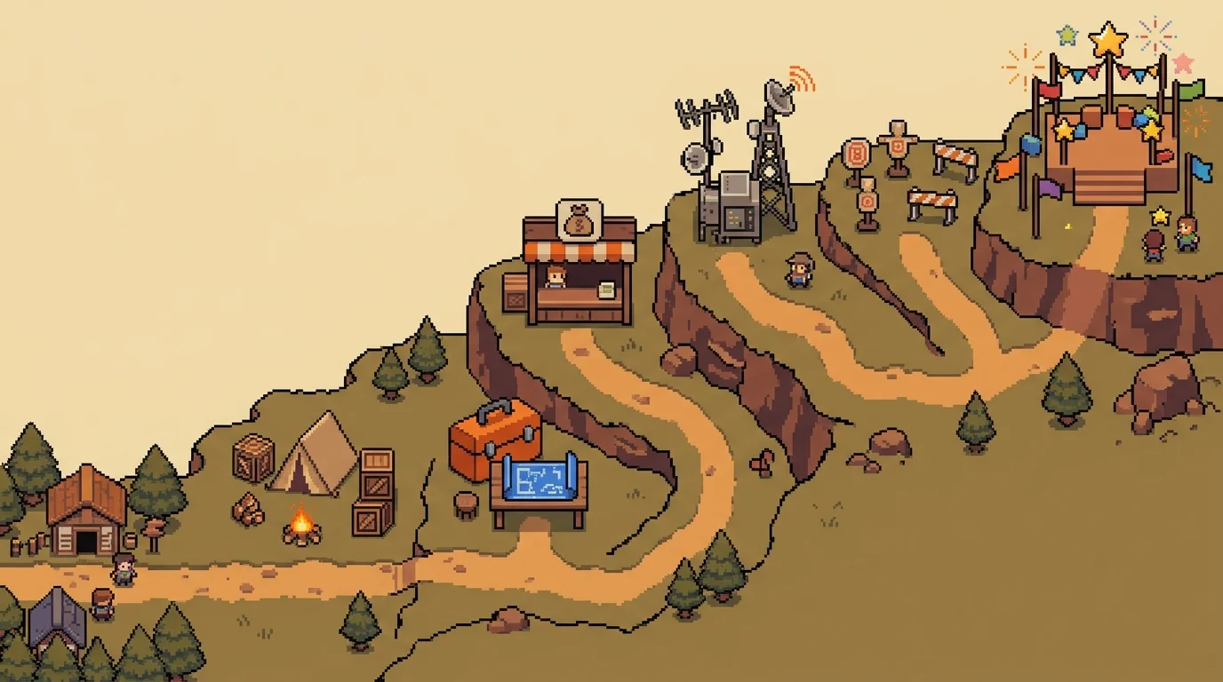 Pixel-art roadmap showing six implementation milestones