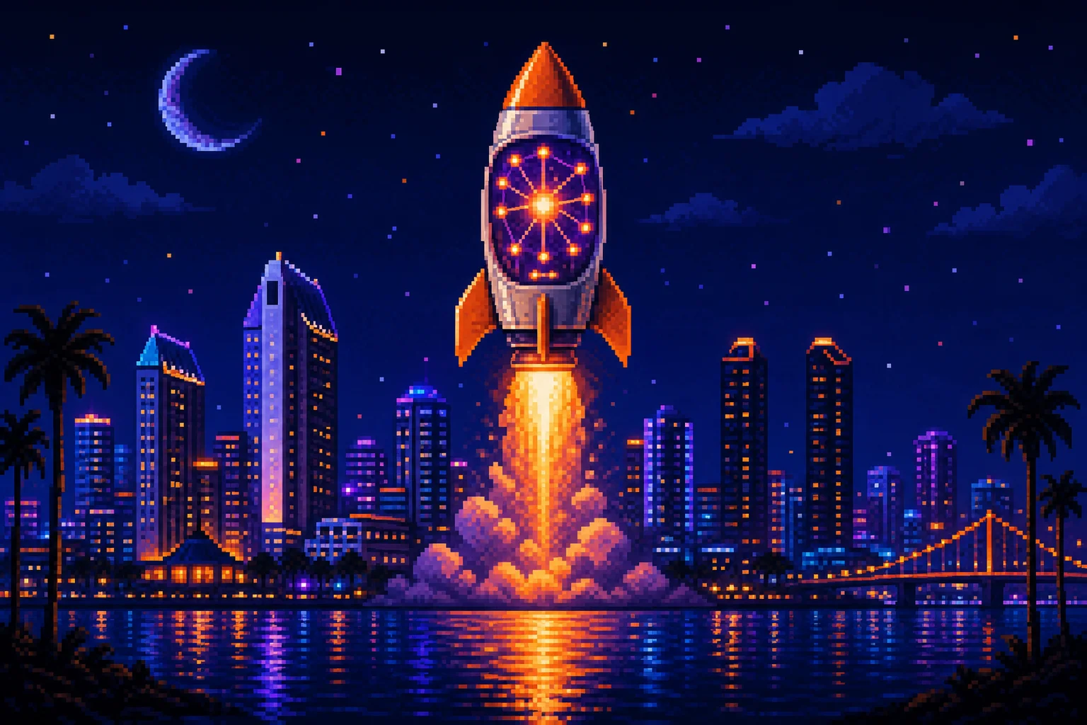 Pixel-art rocket launching from San Diego with AI neural core, symbolizing fast AI startup growth