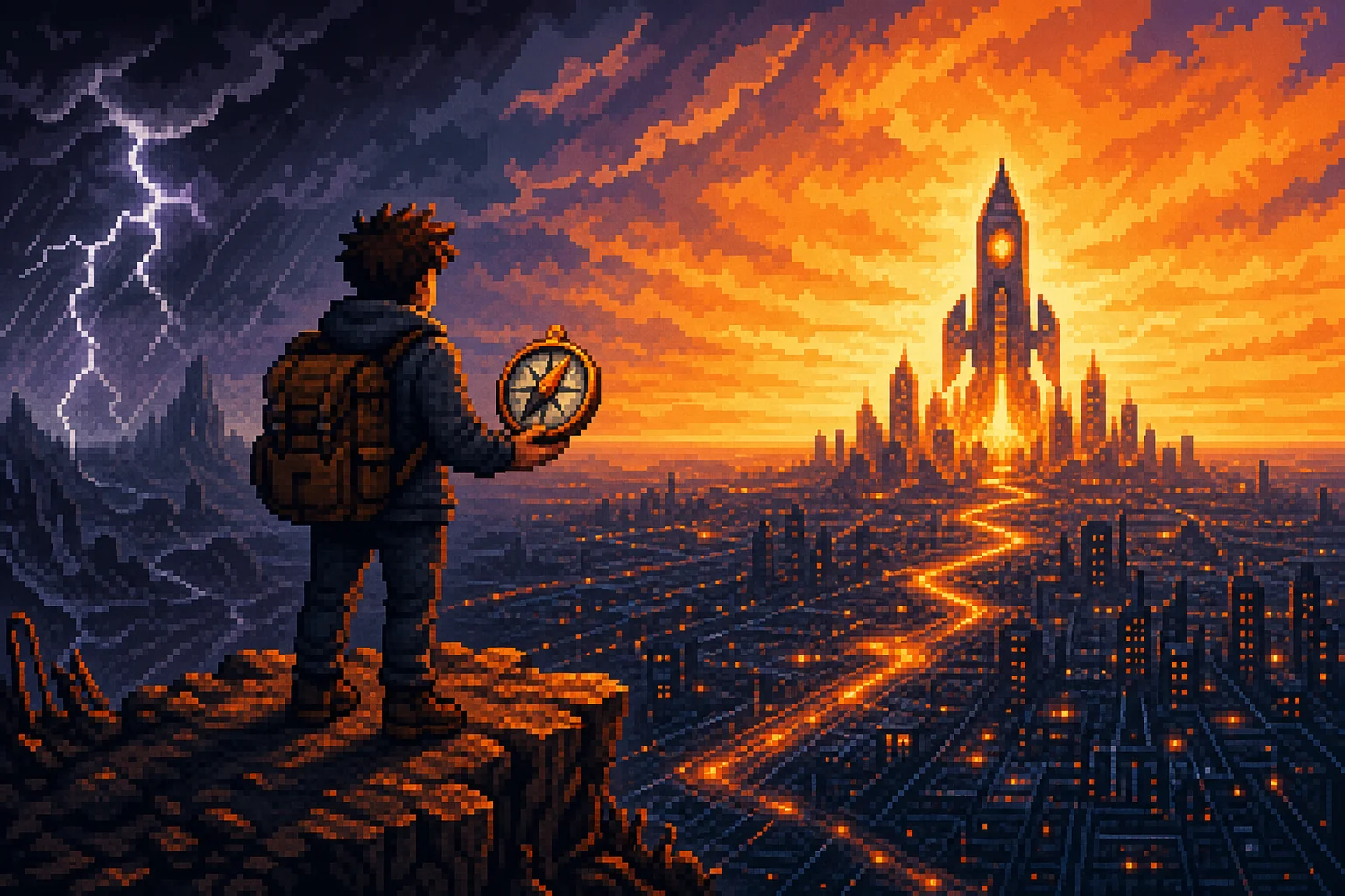 Pixel-art founder with MVP compass overlooking digital landscape, symbolizing strategic direction for non-technical entrepreneurs