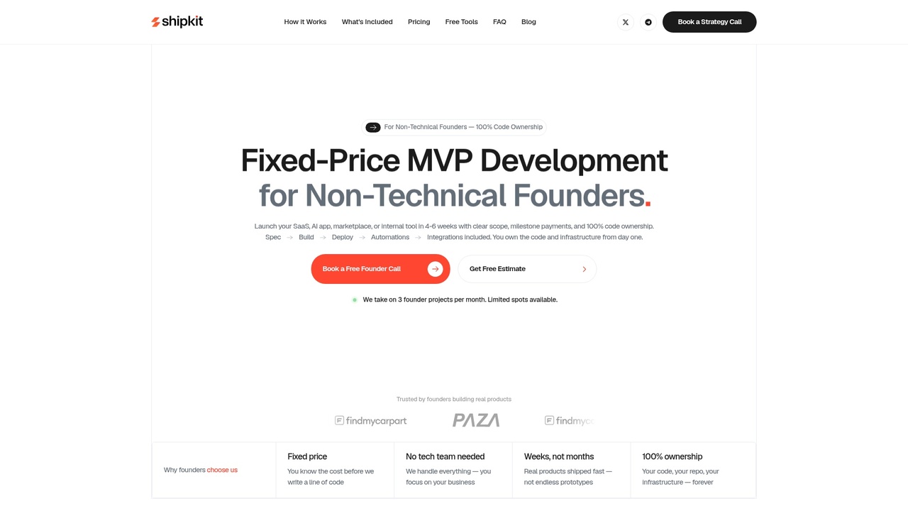 Shipkit homepage showing fixed-price MVP packages and 4-week delivery promise