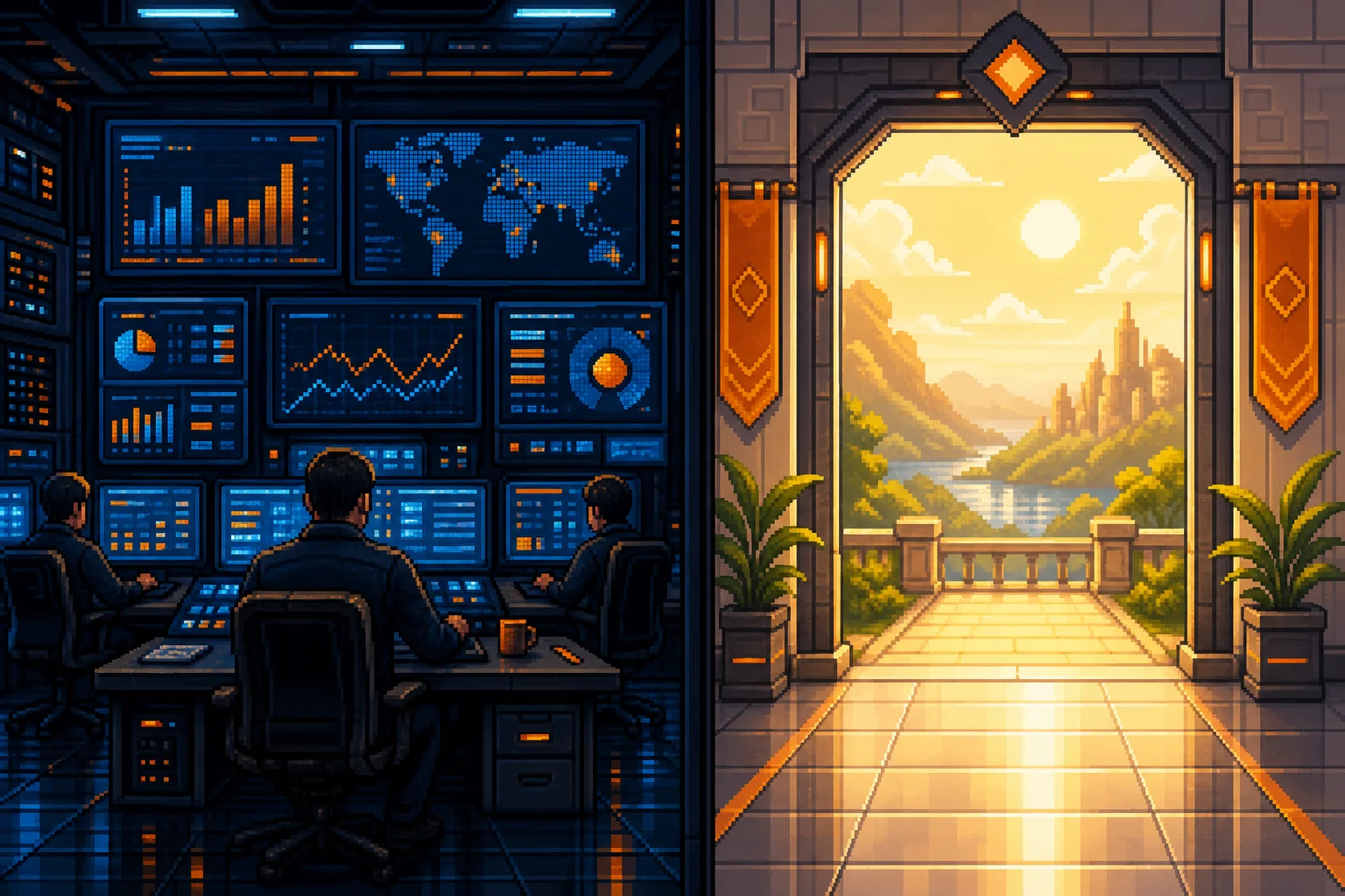Pixel art illustration contrasting a busy internal command center with a welcoming client gateway.