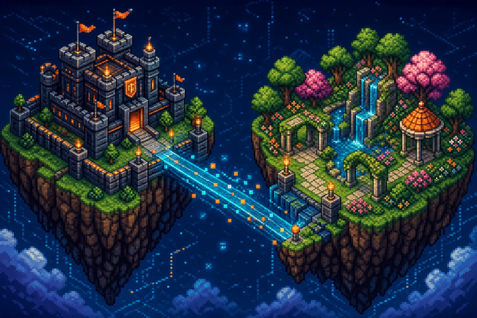 Pixel art isometric view of an Operations fortress and an Experience garden connected by a digital bridge.