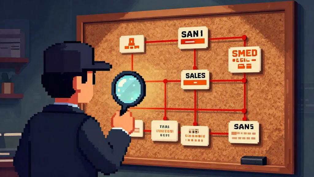 Pixel art detective analyzing a complex sales pipeline on a corkboard.