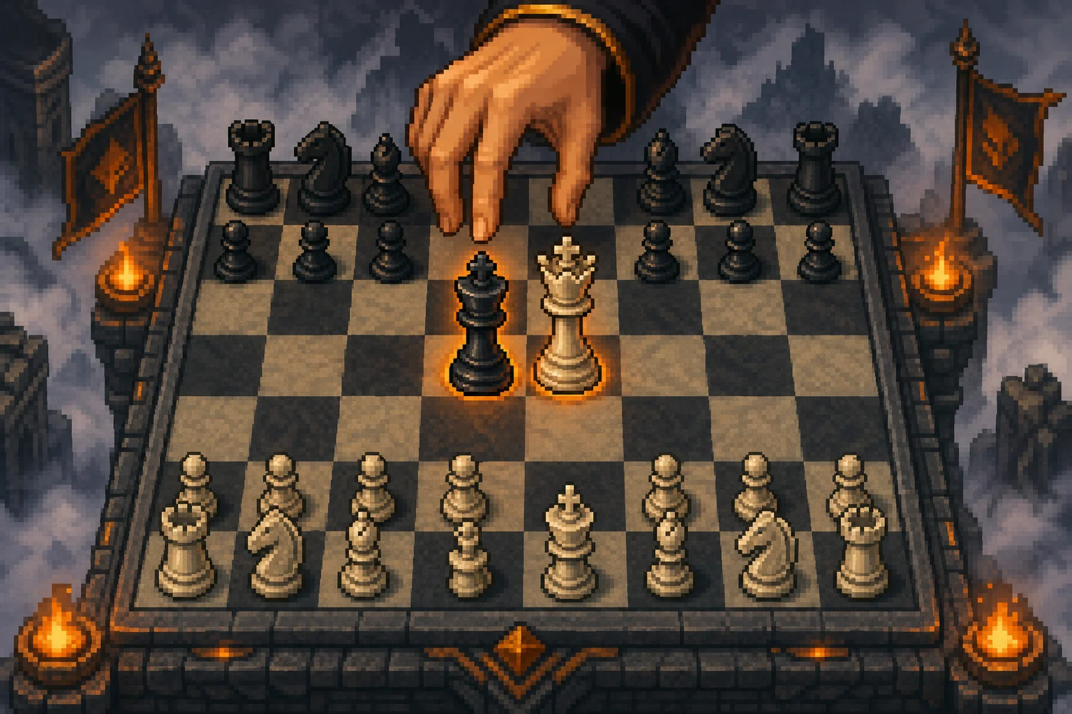 Pixel art close-up of a strategic chess move between a King and a Queen piece.