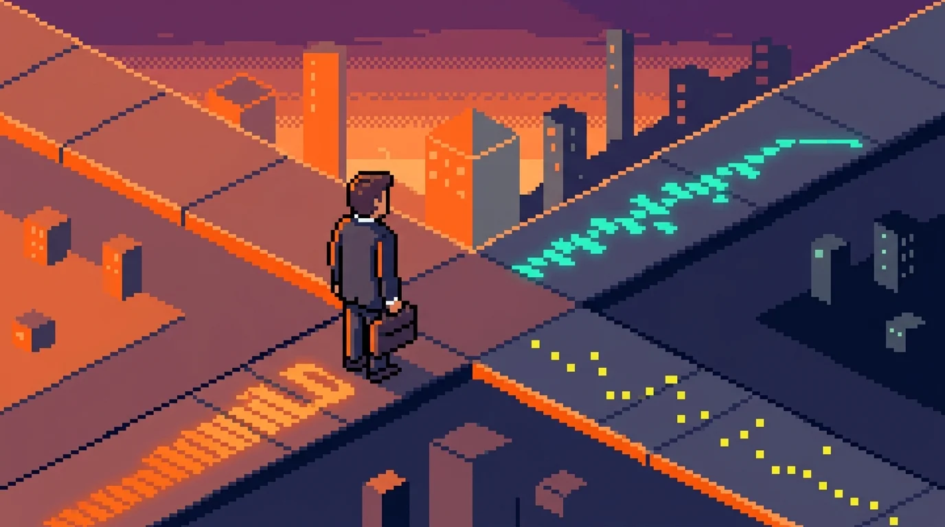 Founder at a three-way crossroads choosing between build, buy, and no-code software paths
