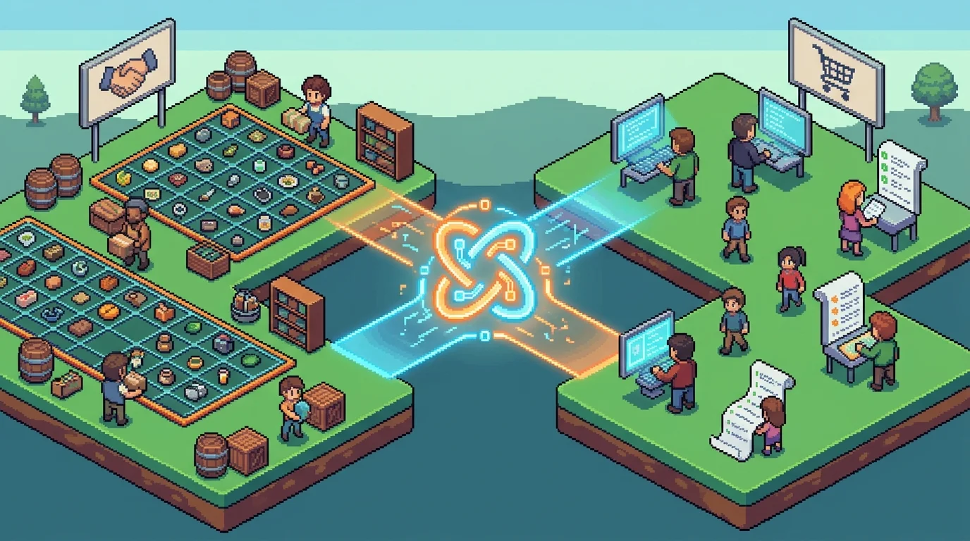 Pixel-art visualization of a custom-built two-sided marketplace connecting suppliers and buyers