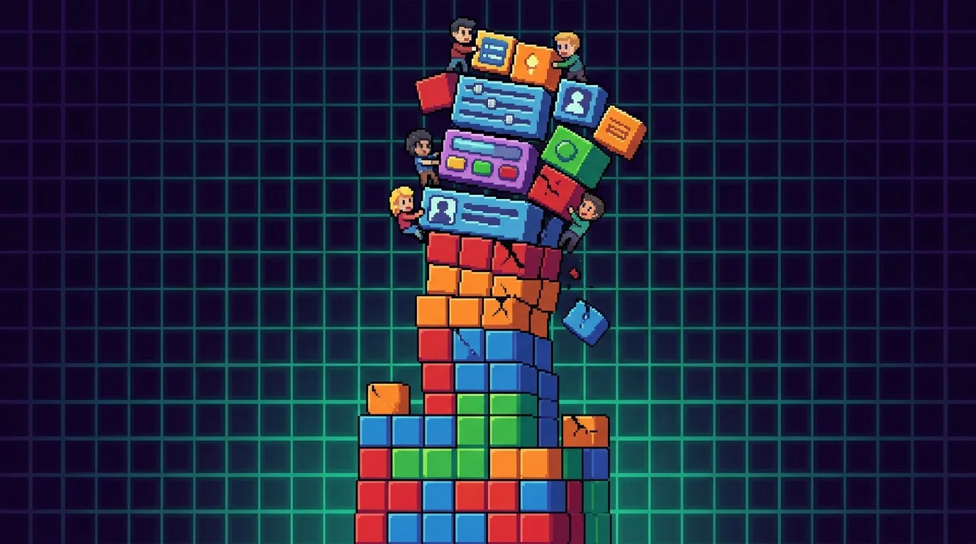 Pixel-art tower of no-code building blocks cracking under scale