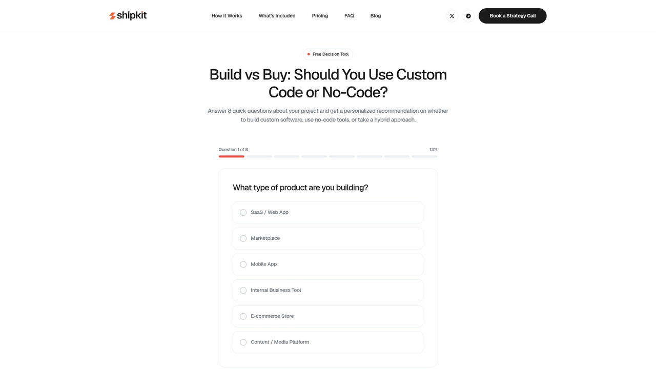 Build vs buy calculator tool interface on ShipKit website