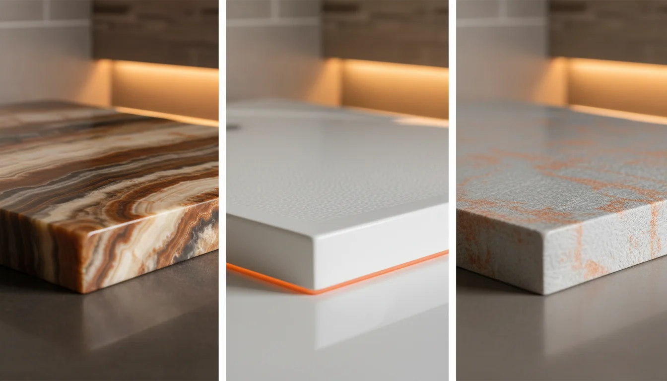 Comparison of onyx, acrylic, and fiberglass shower base materials highlighting durability and finish differences