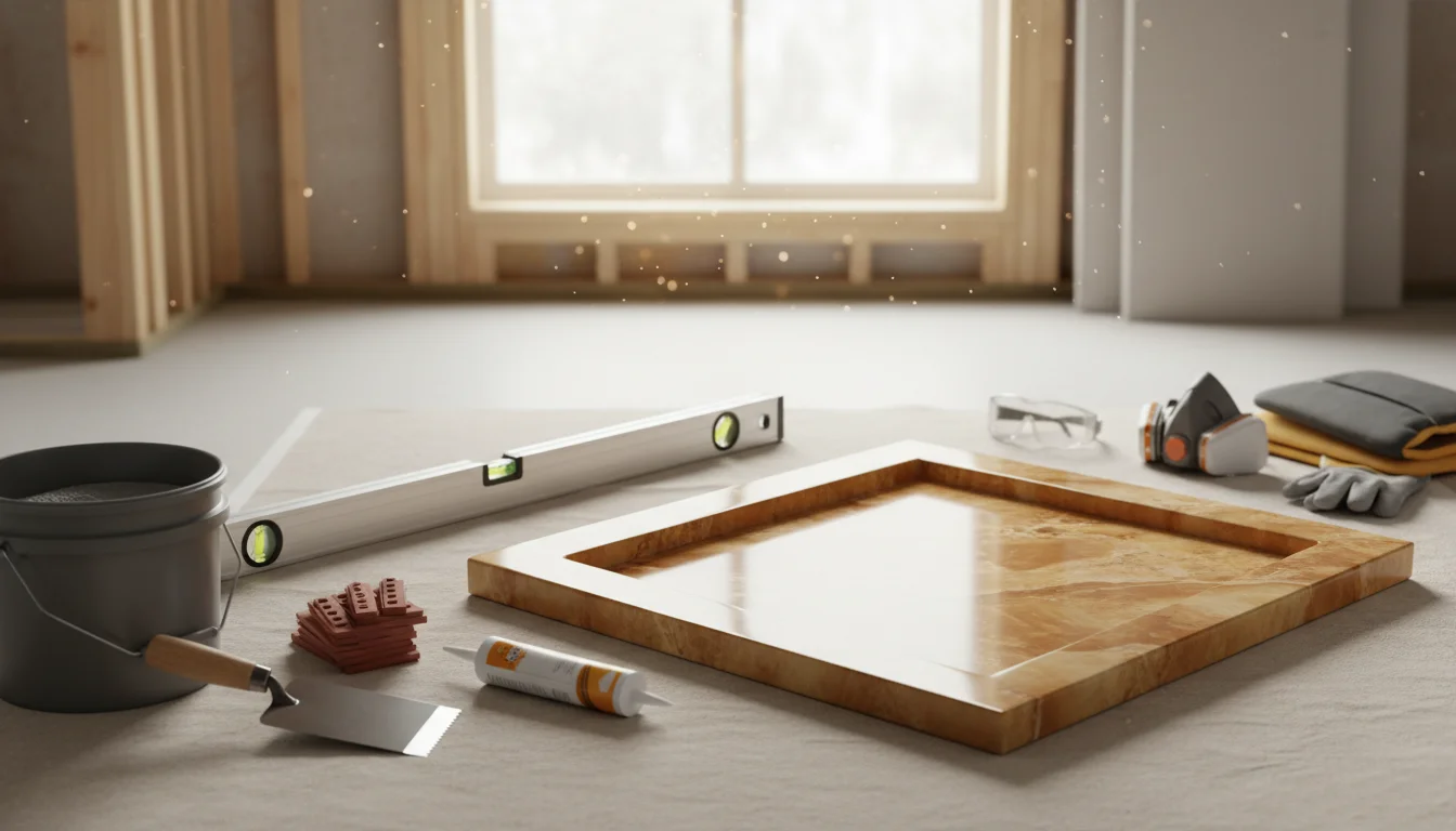 Complete toolkit for installing an onyx shower base with labeled tools and materials