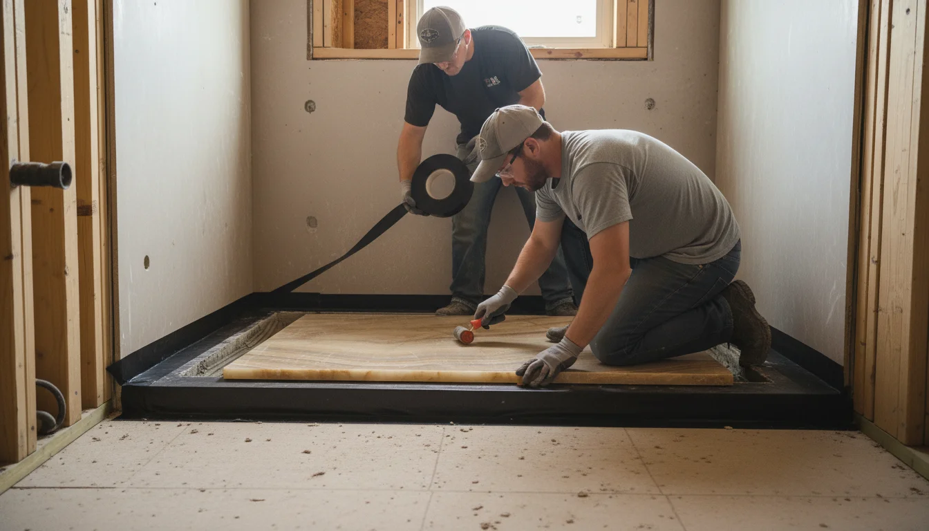 Installation sequence of onyx shower base showing key phases from dry-fit to sealing