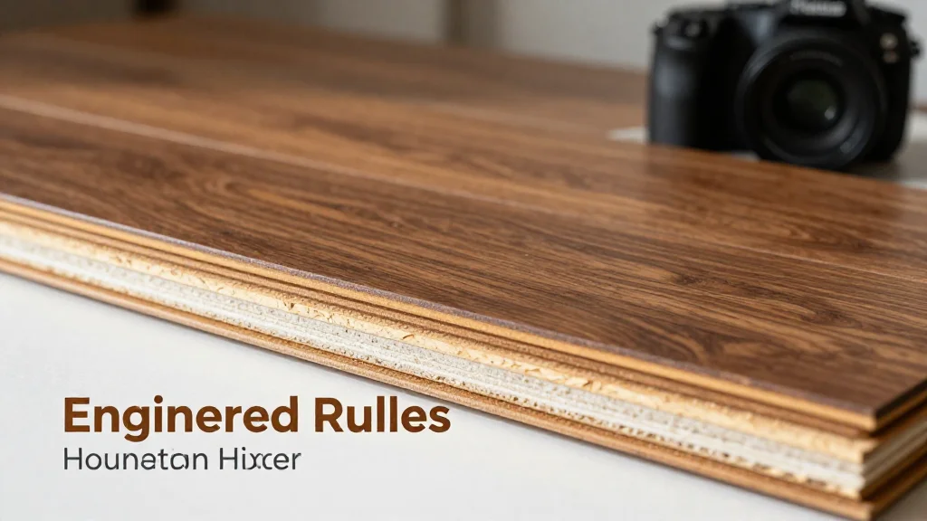 Cross-section view of engineered hardwood flooring showing layered construction with dark wood veneer