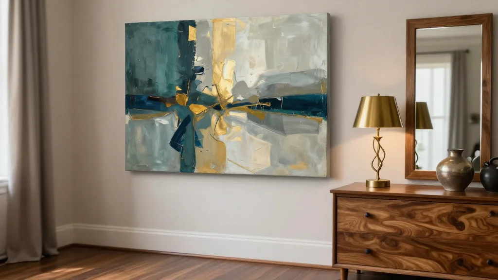 Bedroom wall with abstract artwork and mirror creating visual focal points above dark hardwood floor